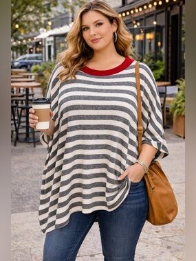 Ozai N Ku Striped Short Sleeve Top - Red and Gray